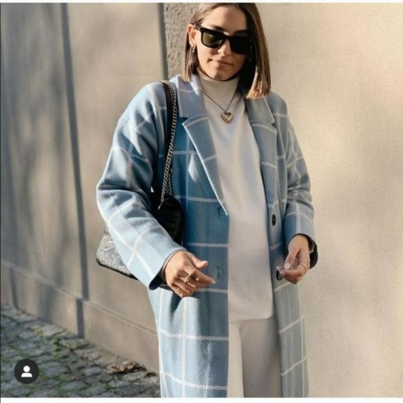 NWT ZARA PLAID COAT BLUE WHITE M BLOGGER'S FAV - Picture 8 of 11
